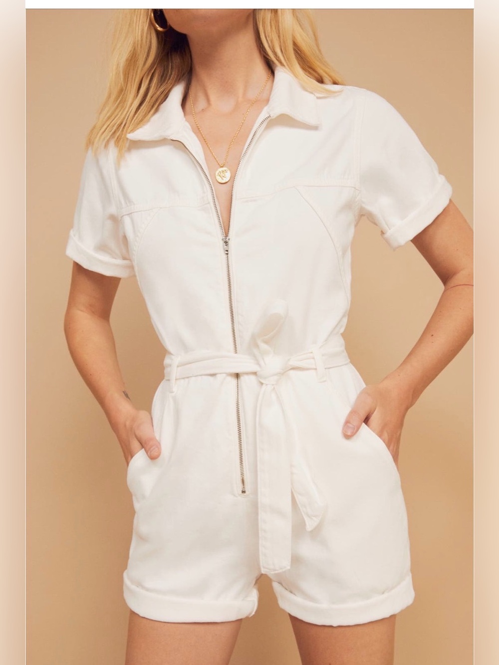 Reformation White Short-Sleeve Zip Romper